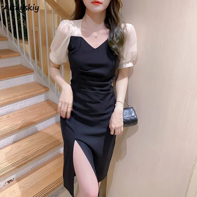 

Puff Short Sleeve Dress Women V-neck Side-slit Design Panelled Mini Dresses Gentle Folds French Style Temperament Sexy Feminine