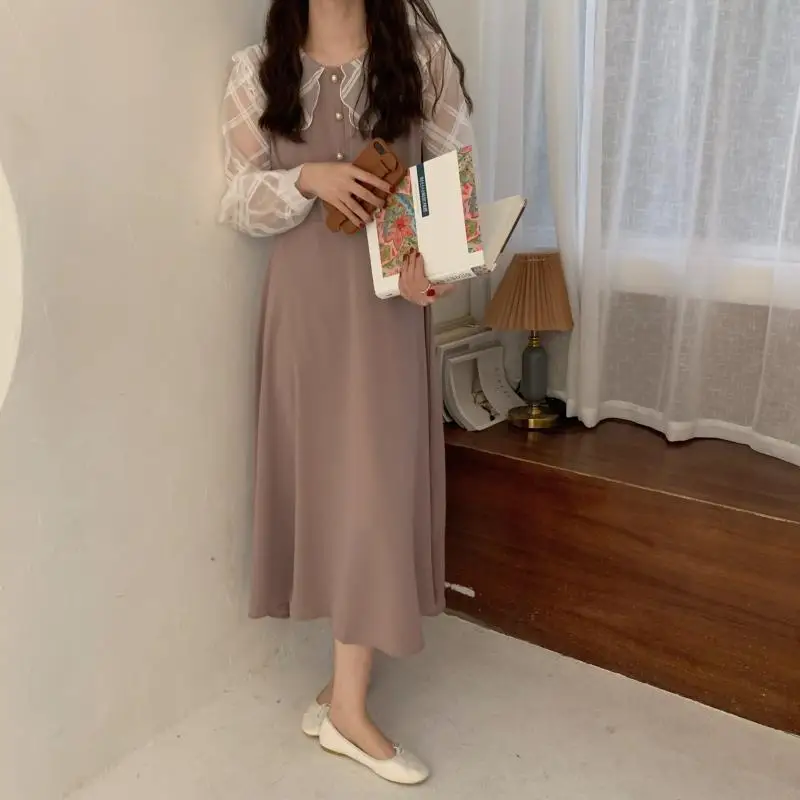 

Alien Kitty 2021 New Women French Retro Dress Lace Patchwork Turn-Down Collar Long Gentle Elegant Chic Female Fashion Clothe