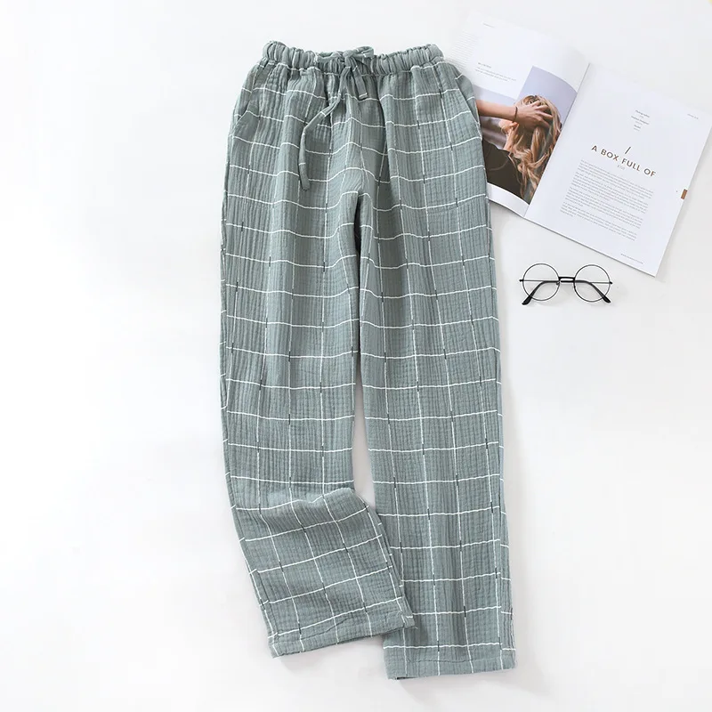 Summer Cotton Gauze Sleep Bottoms Men Simple Plaid Sleepwear Pants For Male Casual Spring Loose Women Long Pants Home Trousers