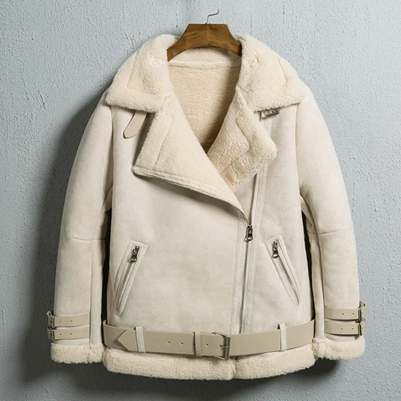 

Luxury White Suede Jackets for Women Vintage Motorcycle Jacket Lamb Fur Winter Leather Coat Thick Warm Female Overcoat