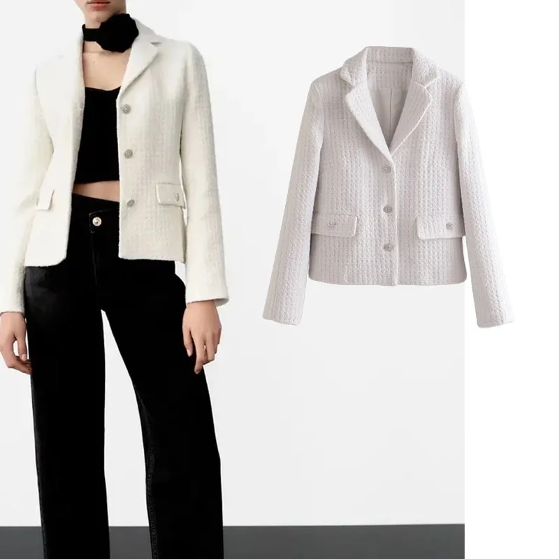 

Женский пиджак Za, Осенний модный однобортный твидовый пиджак, пальто, винтажная приталенная одежда с длинным рукавом, женский костюм, куртк...