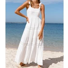 Женское пляжное платье в стиле бохо, Летнее белое платье макси на бретелях, на завязках, с кружевной отделкой, длинное платье-трапеция с высокой талией для отдыха