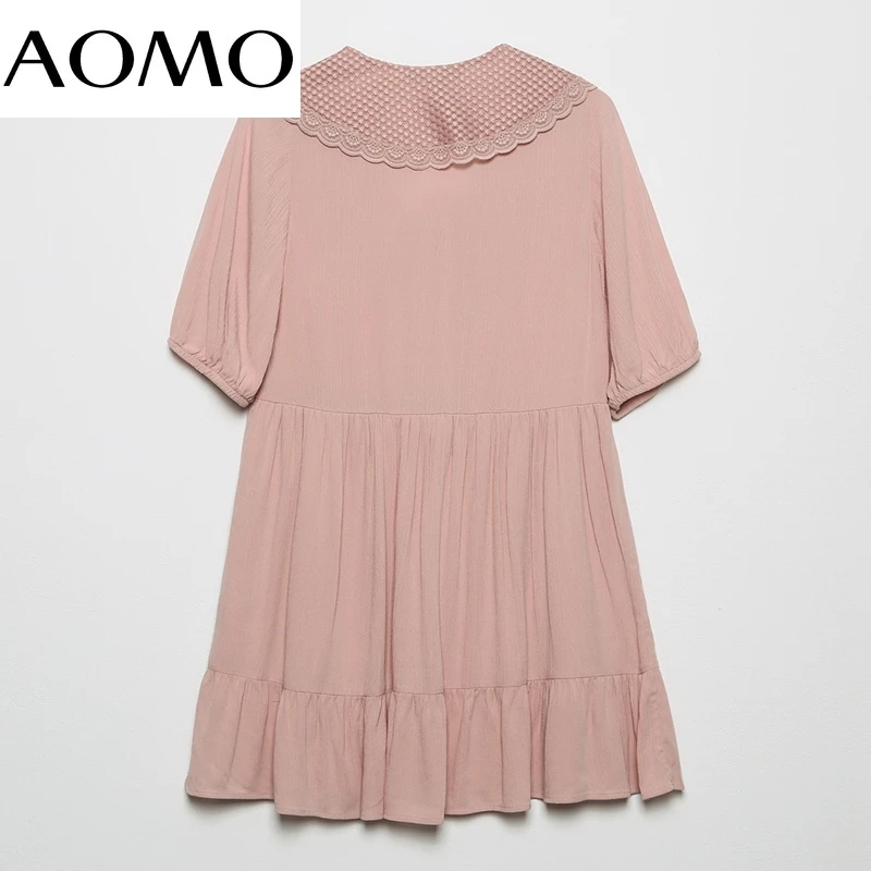 

AOMO 2021 Fashion Women Pink Lace Collar Patchwork Dress Short Sleeve Ladies Vintage Mini Dress 6H114A