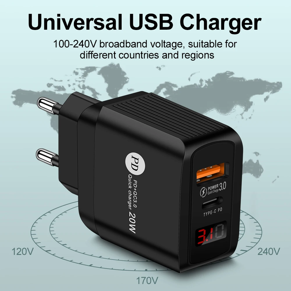 Зарядное устройство PD 20 Вт USB Type C QC3.0 быстрая зарядка для iphone Xiaomi Huawei с цифровым