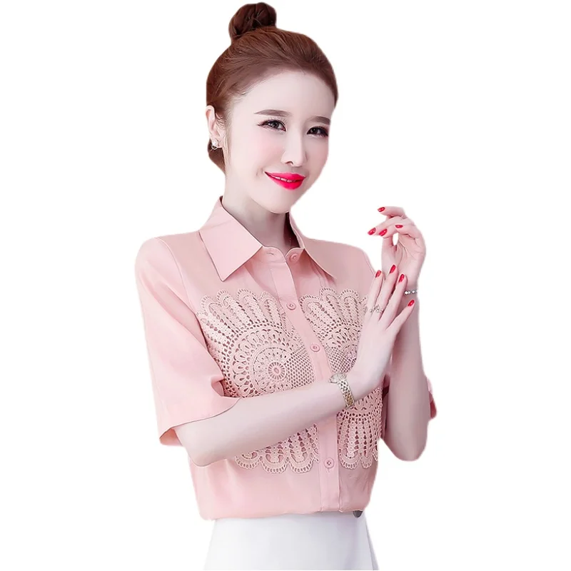 

Houthion Chiffon Slim Women's Blouses Fashion Short Sleeve Top New Casual Blouse Solid Color Lace Buttons Polo Shirt Summer