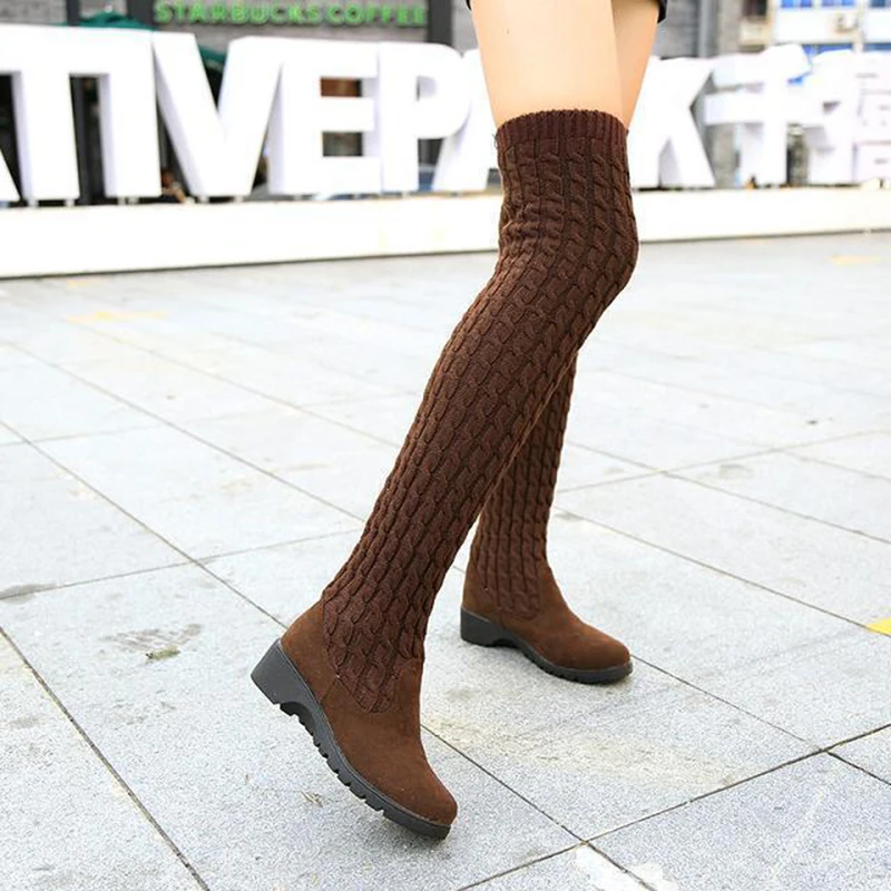 

comemore Women's Boots 2021 Autumn Winter Thigh High Boots for Women Knitting Wool Long Boot Woman Brown Black Ladies Flat Shoes