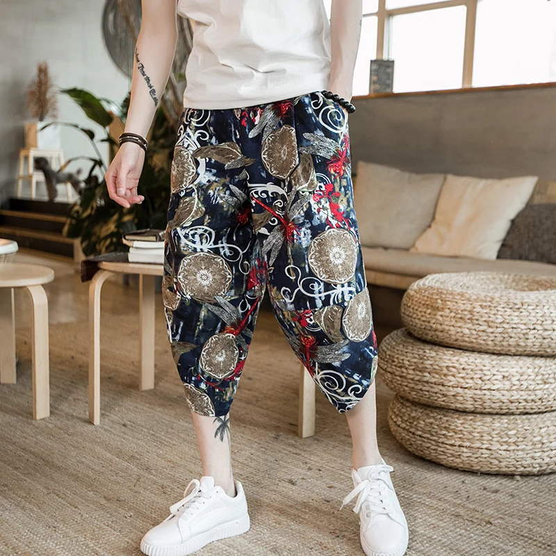 

Linen seven-point pants men's summer new Korean version of loose linen embroidered Harlan pants lantern wide-legged pants