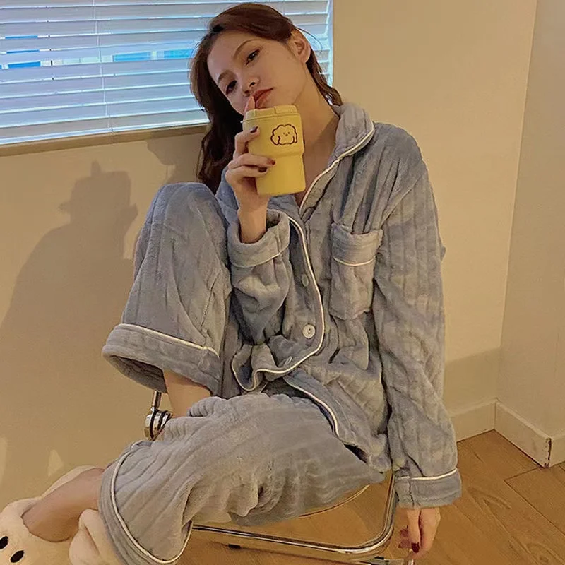 Women Autumn Winter Pyjamas Suits Thick Warm Flannel Sleepwear TurnDown Collar 2 Pieces/Sets Casual Loose Pajamas Sets