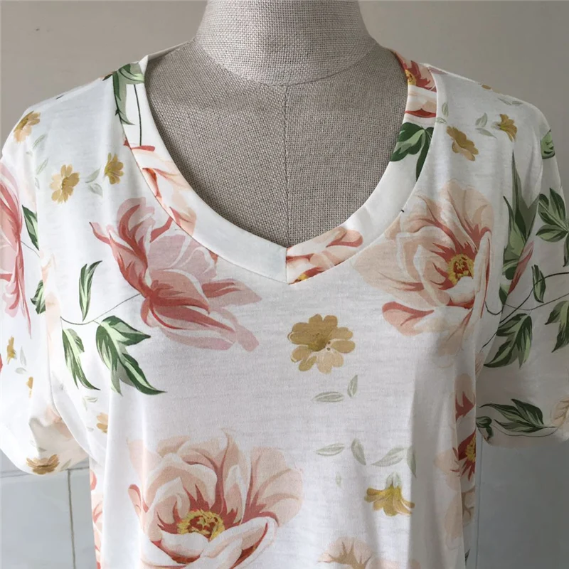 

Floral Print V-Neck Top Tee Women Clothes 2020 New Casual Cotton T Shirts harajuku shirts for women Summer Woman tshirts Female