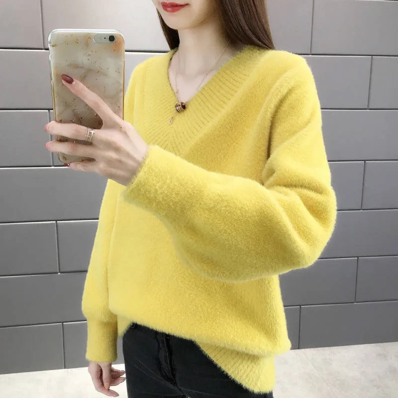 Pink Sweater Women Winter Sexy V-neck Long Sleeve Pullovers Big Size Oversized Knitted Sweaters Thicken Warm Tops White Khaki enlarge
