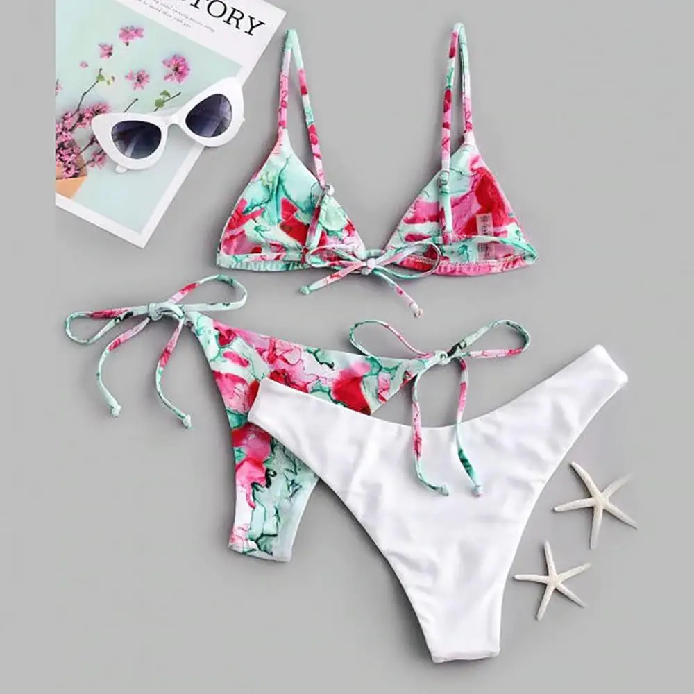 3pc print bikini push up Triangle Strap Women's set high waist Summer beach clothes women monokini swimwear Bathing suit* | Женская