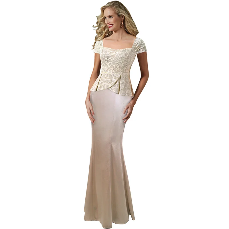 Vfemage женское элегантное вечернее платье с кружевным воротником и баской длинное