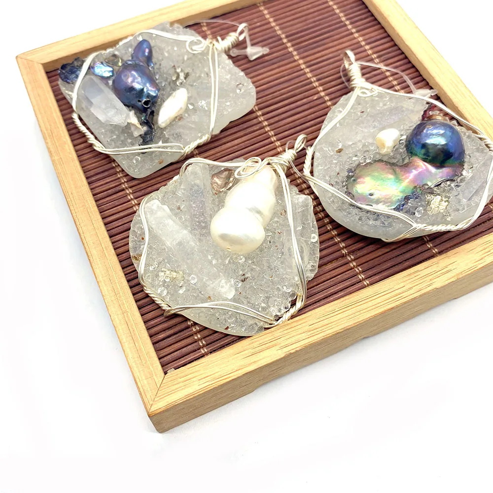 

Natural Stone Pendant Crystal Inlaid Irregular Pearl Hand-wound Copper Wire Necklace Pendant Jewelry Making DIY Accessories