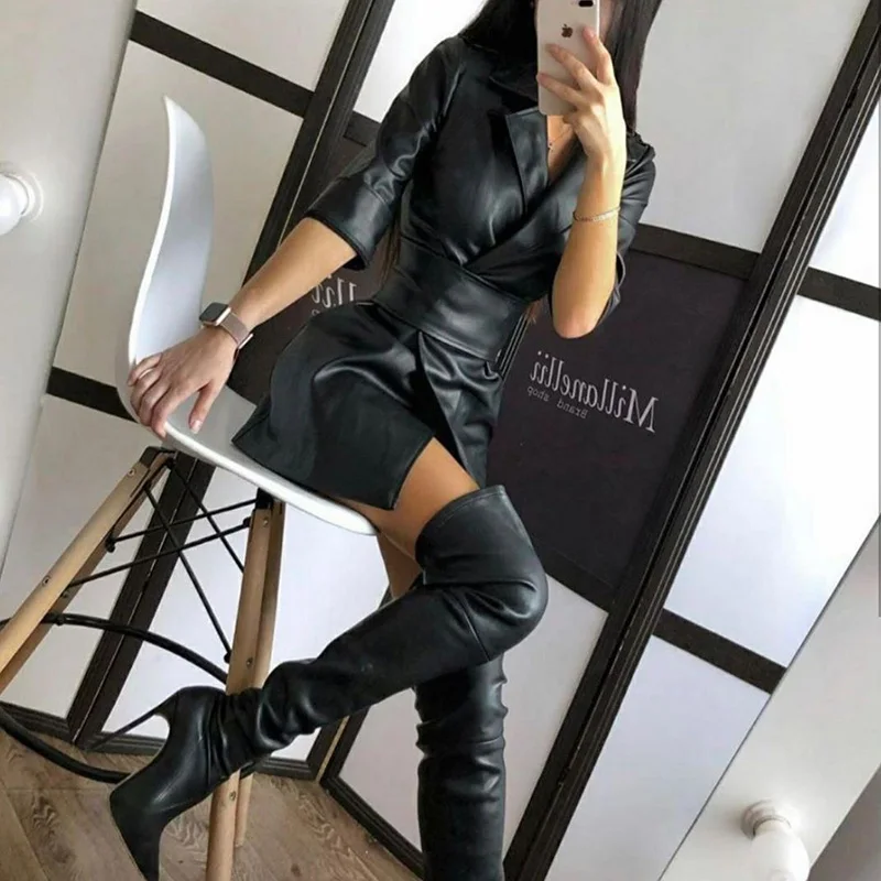 

Sexy Lady Synthetic Leather Sashes Mini Dress Autumn Three Quarter Sleeve Slim Party Dress Elegant Female Solid Notched Dresses