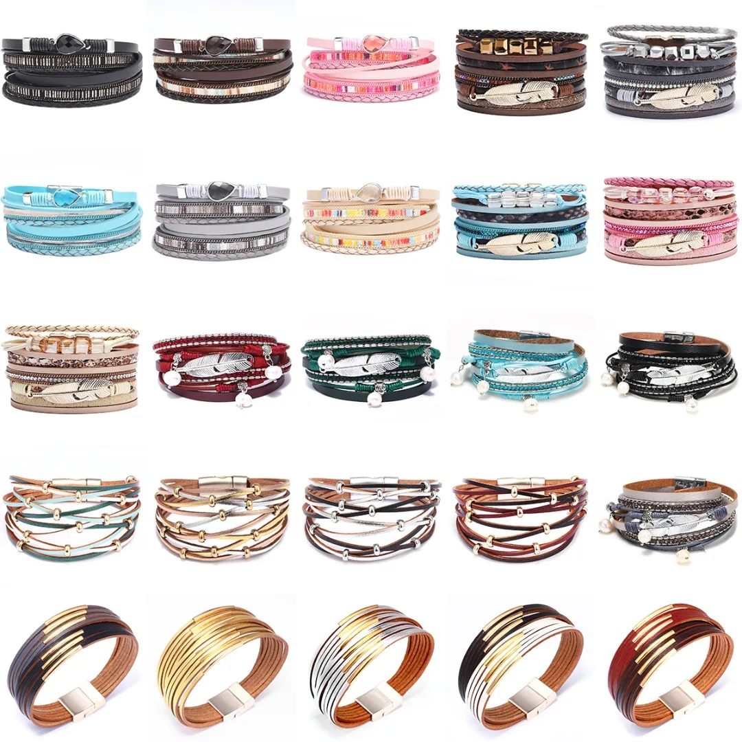 Женский и мужской Многослойный кожаный браслет Boho винтажный этнический на