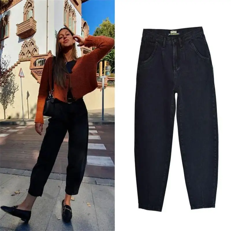 Женские свободные джинсы с высокой талией SupSindy повседневные Черные