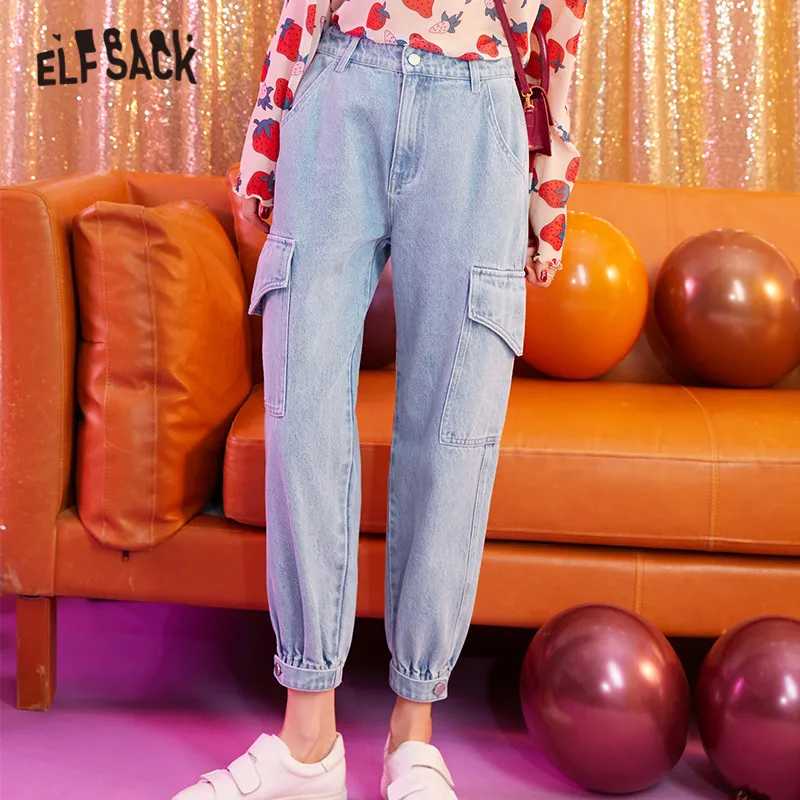 ELFSACK синие одноцветные вымытые прямые повседневные шаровары женские 2019 Осенние