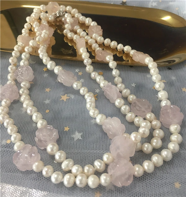 

HABITOO Pretty 7-8mm Natural White Luster Freshwater Pearl Rose Crystal Flower Bead Mix Necklace Long 50 Inch for Women Jewelry