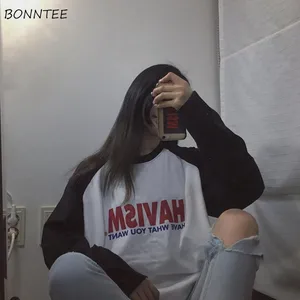 Футболка женская Harajuku, с длинным рукавом и круглым вырезом, в Корейском стиле