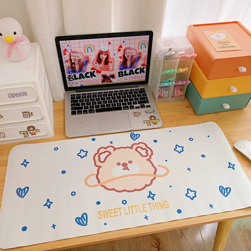

Student Dormitory Mouse Pad Computer Keyboard Desk Pad 66*29Cm Soft Cartoon Dots Cute Bear And Rabbit Desk Mat