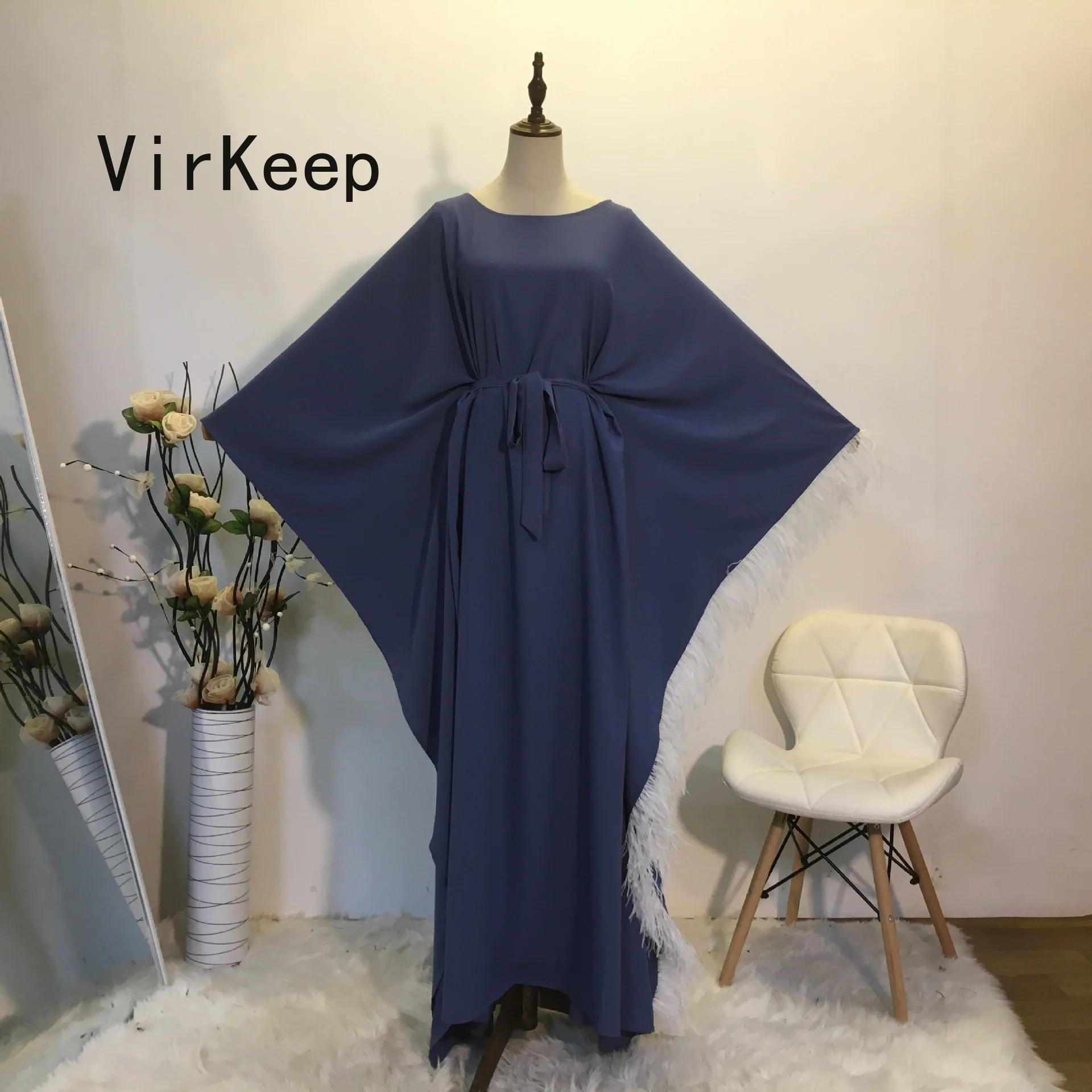 

women solid batwing sleeve dress ladies feather design robe one size muslim abaya arabic dubai ramadan kaftan gown VKDR2177