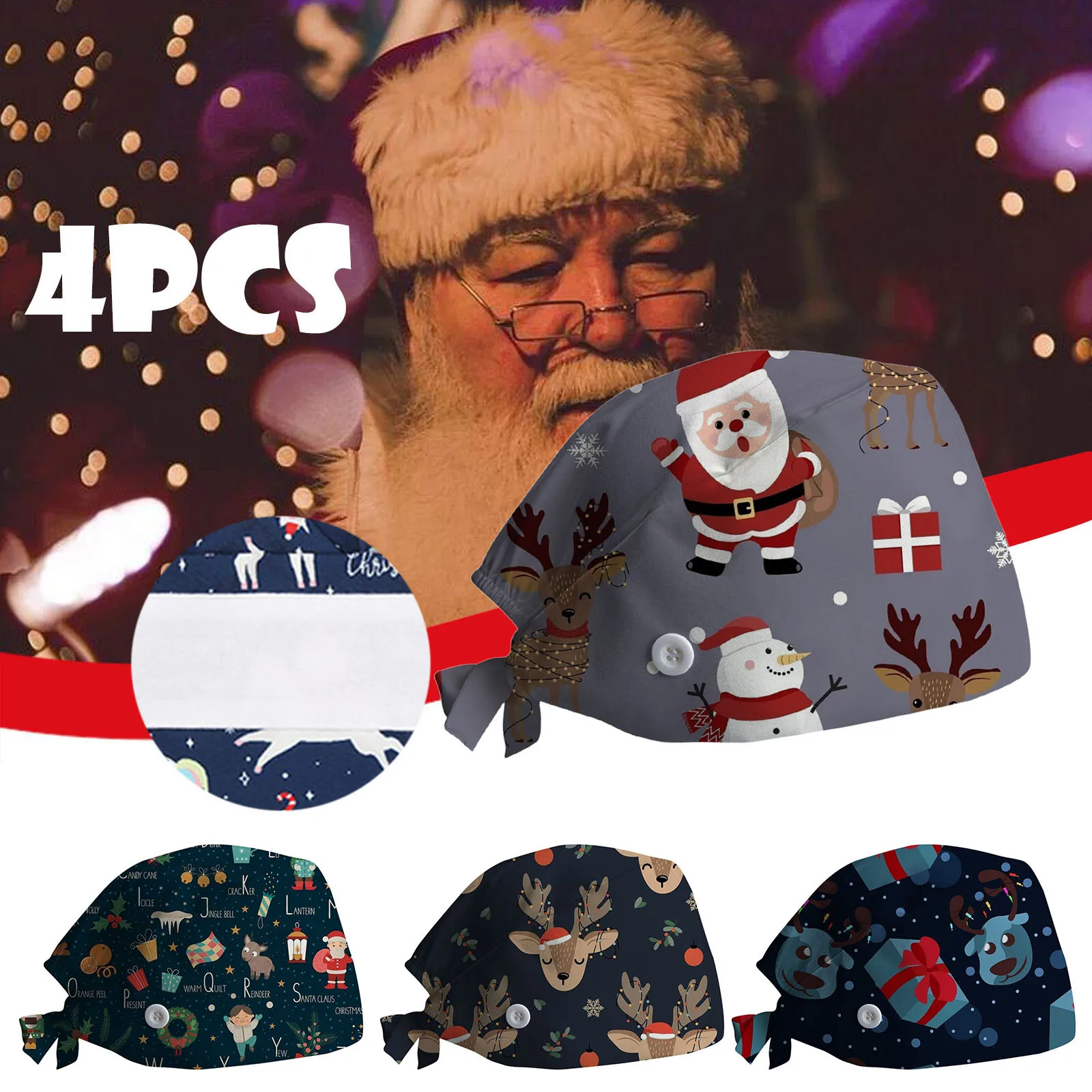 

4 шт., регулируемая шапка Yashmak для медсестер, с рождественским принтом