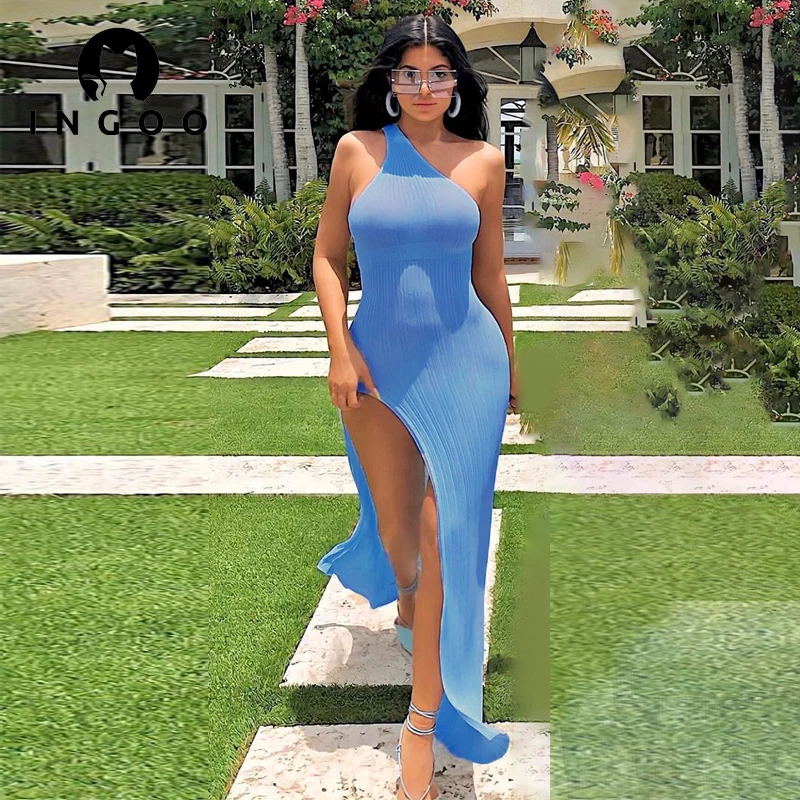 Женское трикотажное платье-макси на одно плечо INGOO однотонное Клубное длинное