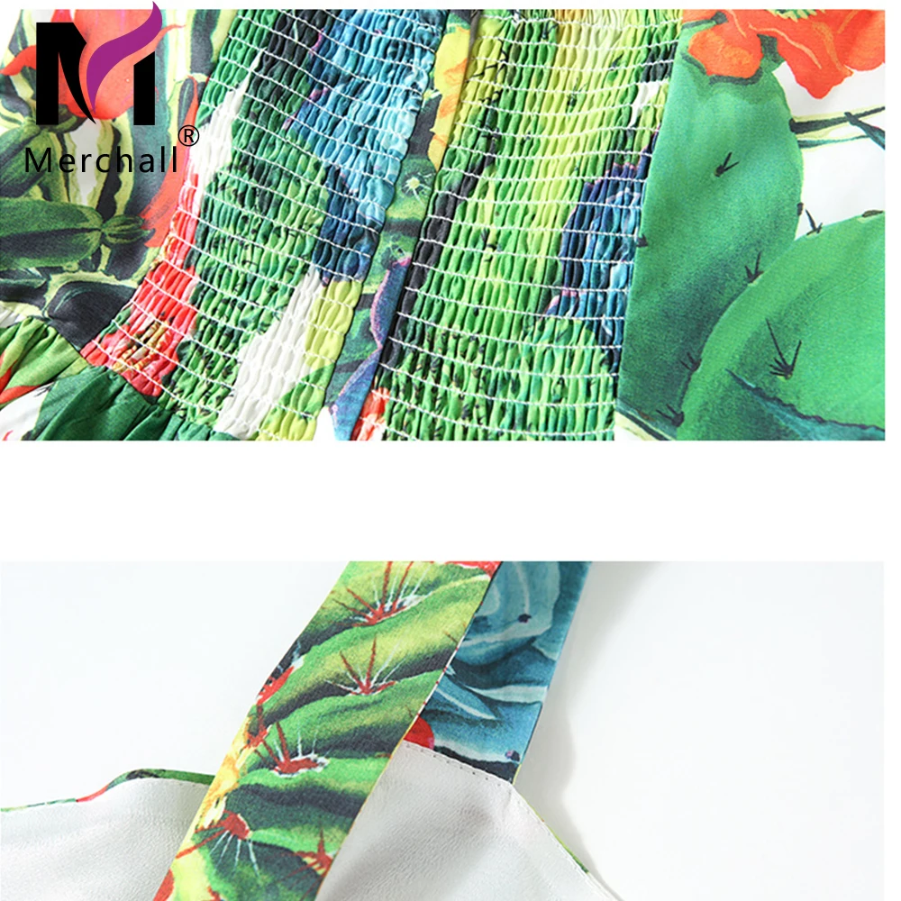 

Merchall 2021 Fashion Designer Summer Beach Dress Women Spaghetti Strap Floral Print Cascading Ruffles Backless Midi Dresses