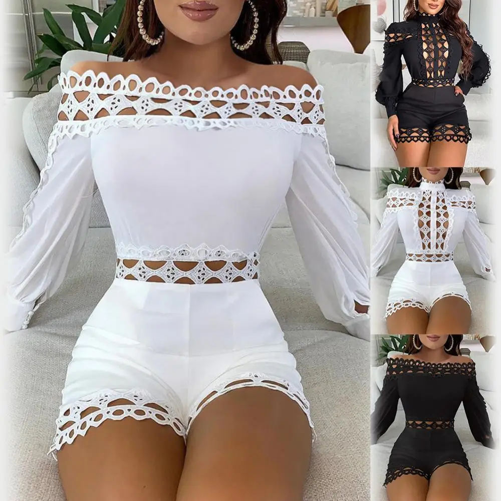 

Women Jumpsuits Sexy Off Shoulder/Mock Neck Hollow Out Lace Patchwork Jumpsuit Playsuit Women's Clothing vestido de muje 2021