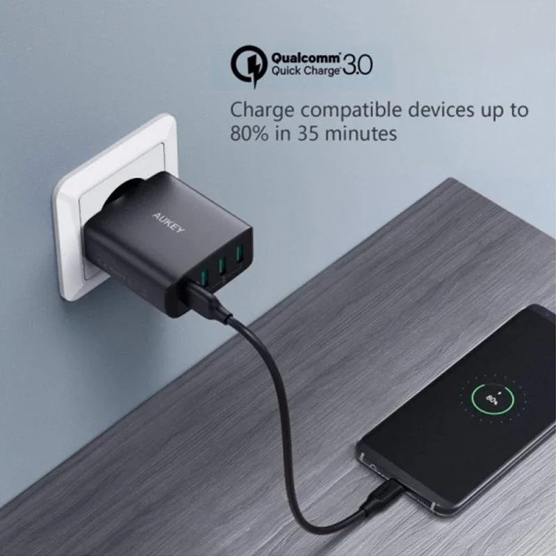 Оригинальное Сетевое зарядное устройство Aukey с европейской вилкой 4-портовое для