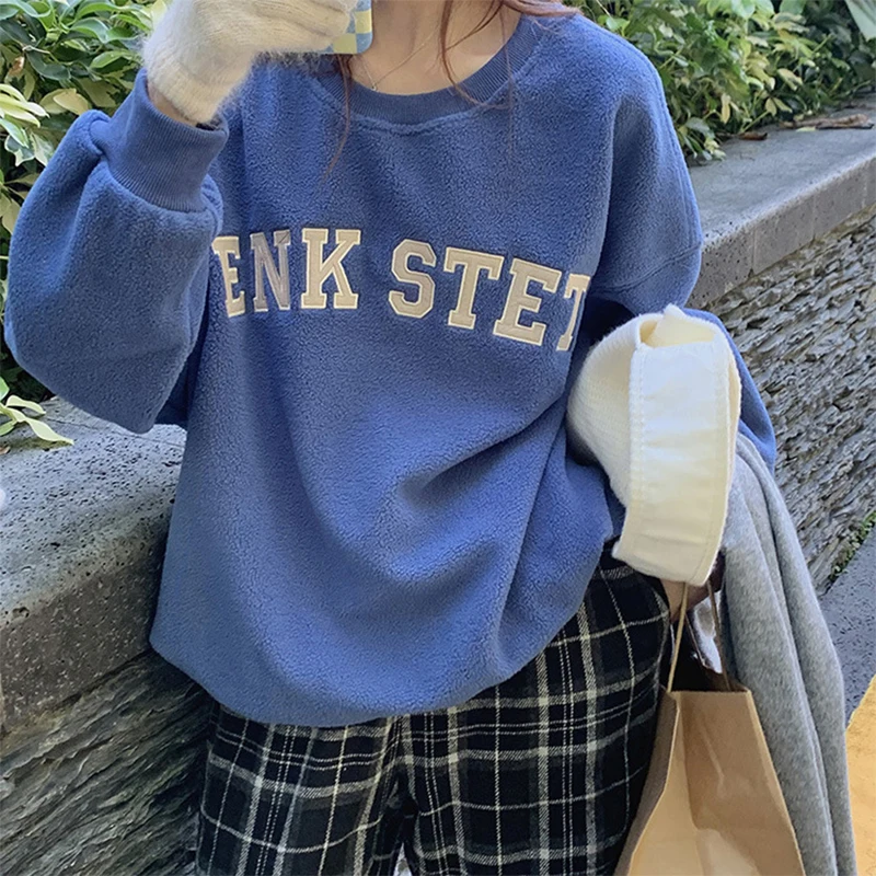 

Fashion Letter Embroidery Women Sweatshirts O-Neck Long-Sleeved Plush Pullover Woman Korean Style Loose Casual Autumn Ladies Top