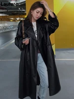 lautaro autumn long oversized black faux leather trench coat for women belt double breasted loose stylish korean fashion 2021