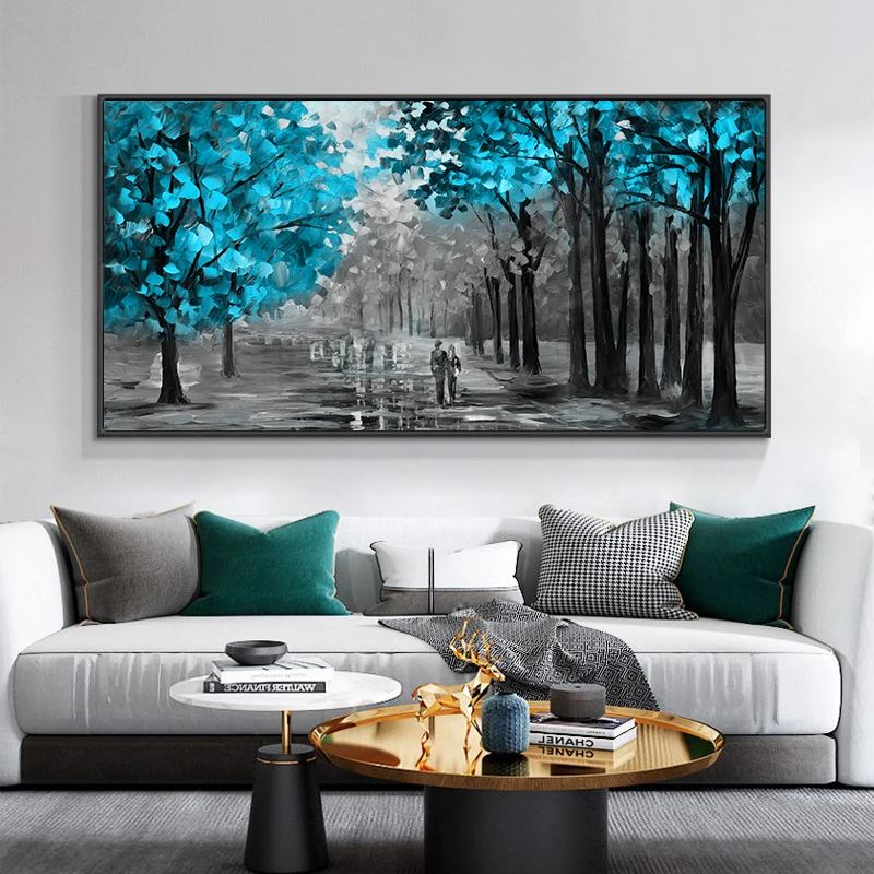

Modern Painting Blue And Yellow Trees On The Road Print On Canvas Nordic Poster Wall Art Picture For Living Room Home Decor