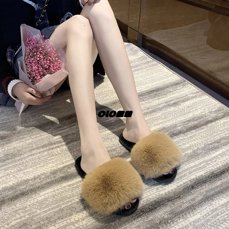 Женские разноцветные шлепанцы с искусственным лисьим мехом Модные пушистые