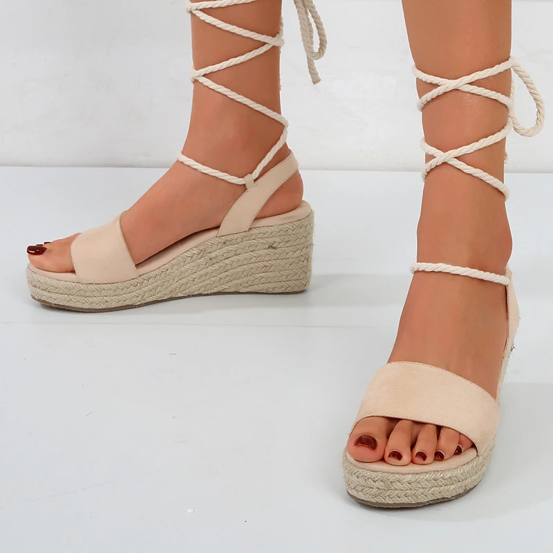 

ORCHA LISA Women Sandals New 2021 Open Toe 7cm Flock Wedges Heels Thick Bottom Platform Lace-Up Simple Big Size 36-41 A3646