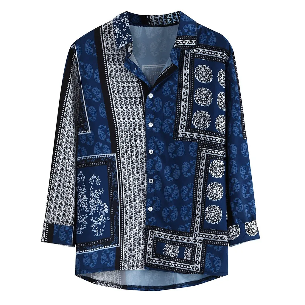 Рубашка Feitong мужская с принтом винтажная блуза длинным рукавом отложным