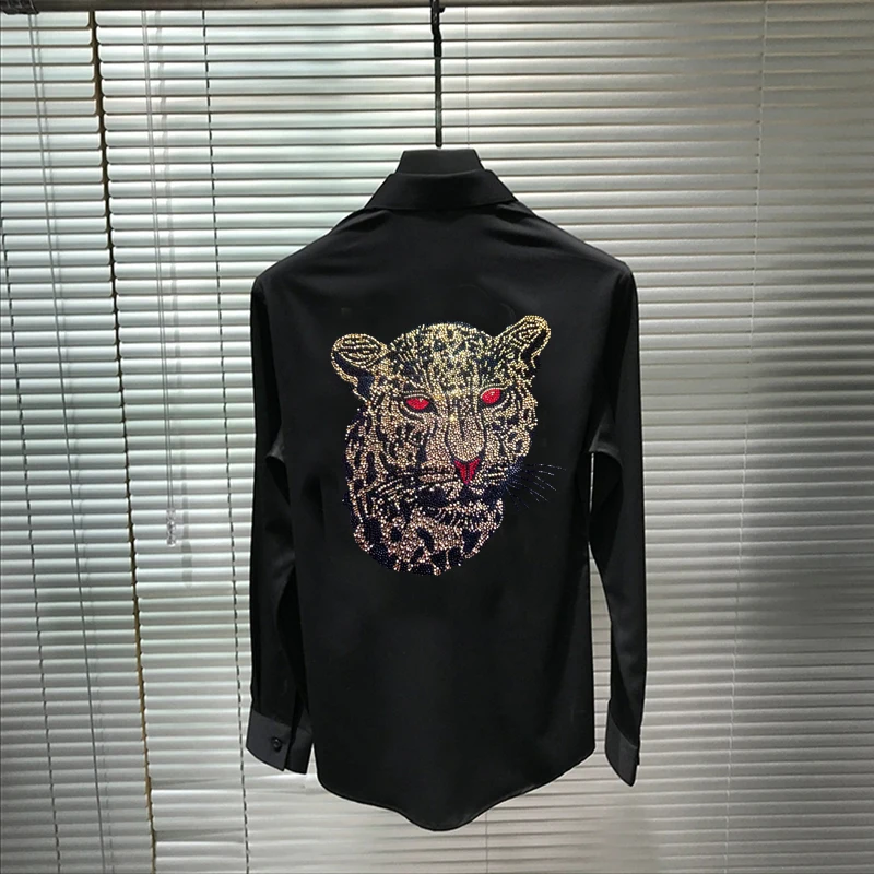 Spring All-Match Personality Men's T-Shirt Hip-Hop Long-Sleeved New Arrival Rhinestone Solid Color Luxury Cotton