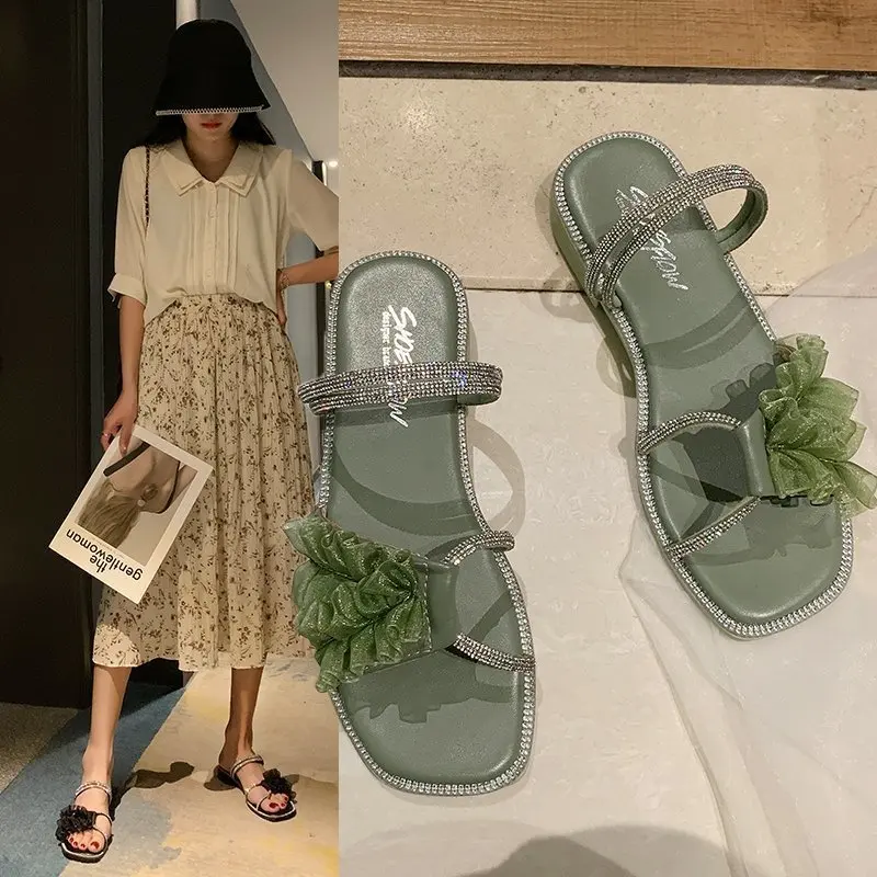 

Female Shoes Slippers Women Summer Glitter Slides Fashion Low 2021 Jelly Luxury Soft Flat Rubber Scandals Crystal PU Basic Rome