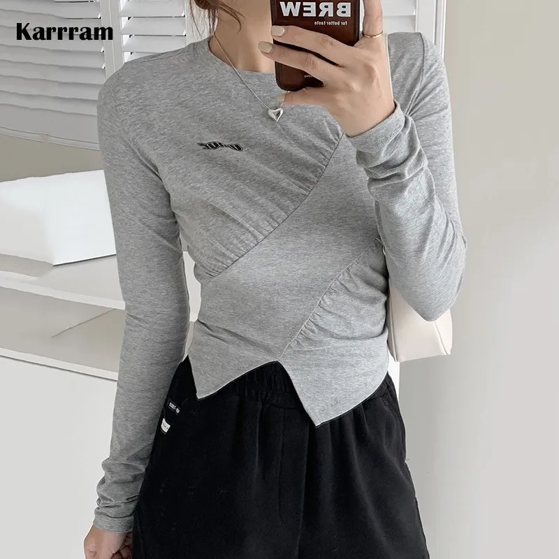 

Karrram Korean Style Irregular Long Sleeve Crop Tops Women Sexy Slim Fork Design T-shirt Solid Designer Clothes Skinny Tee Tops
