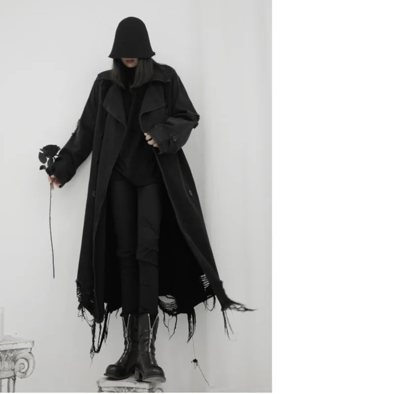 

LANMREM 2020 The New Yamamoto Style Dark Black Women's Design Lapel Button Long Cowboy Windbreaker Jacket 19B-a255