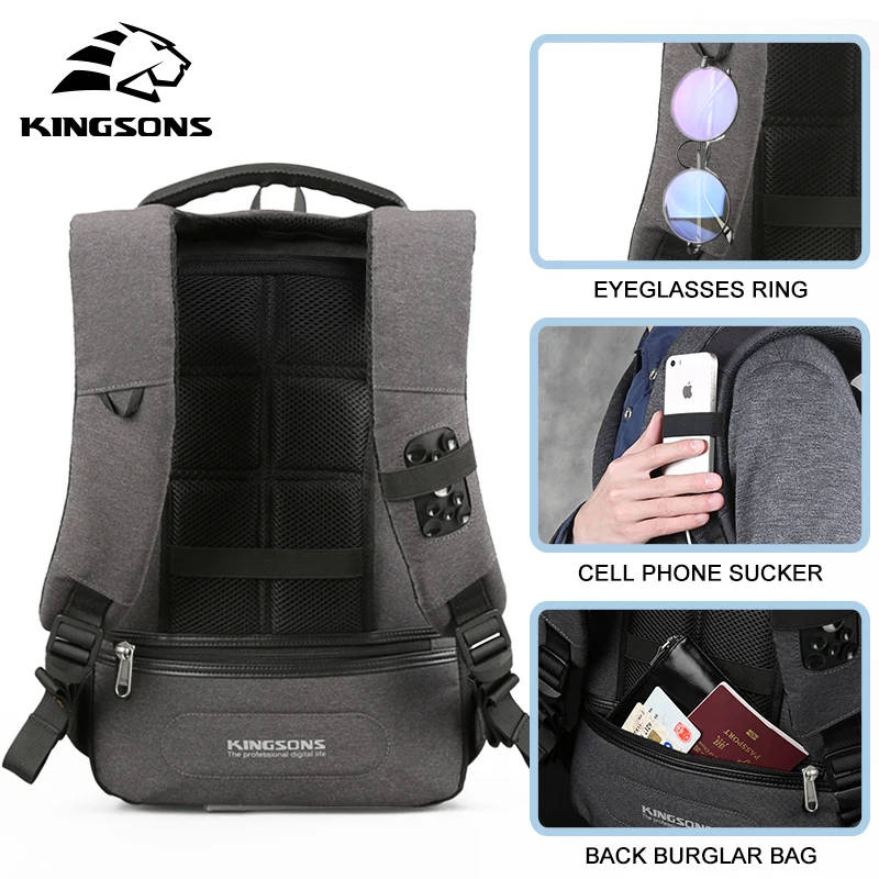 Рюкзак Kingsons KS3149W для ноутбука с внешней зарядкой от USB 13 3 и 15 6 дюйма школьная сумка
