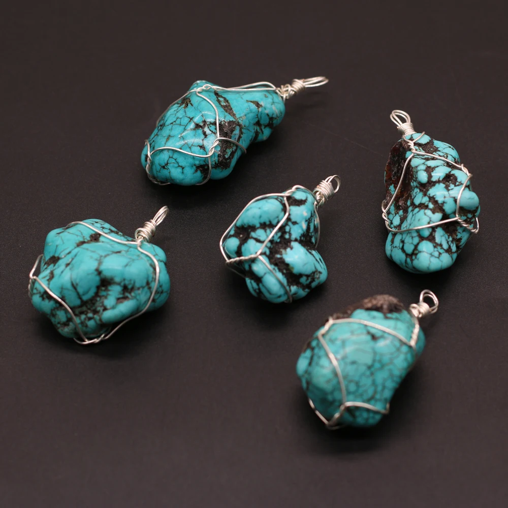 

Winding Wire Natural Green Turquoises Pendant Irregural Agates Pendant Charms for Making DIY Jewerly Necklace Accessories