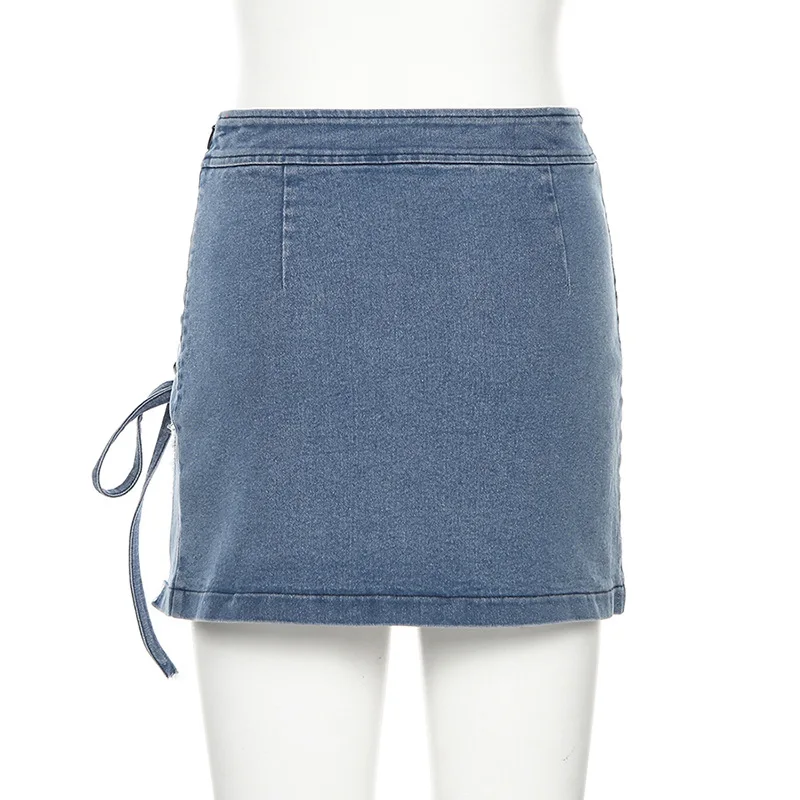 

Autumn women's high waist buttocks slimming under the fork to tie the cowboy skirt