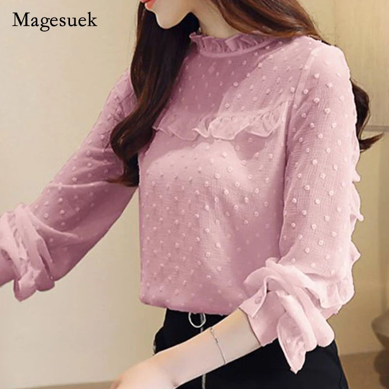 

Ruffles Solid Stand Pink Korean Clothes Womens Tops and Blouses 2021 Ladies Tops White Long Sleeve Shirts Chiffon Blouse 8055 50