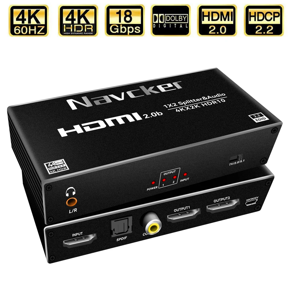 Разветвитель Navceker HDMI 1x2 4K разветвитель аудио экстрактор 1 в 2 выхода кабель