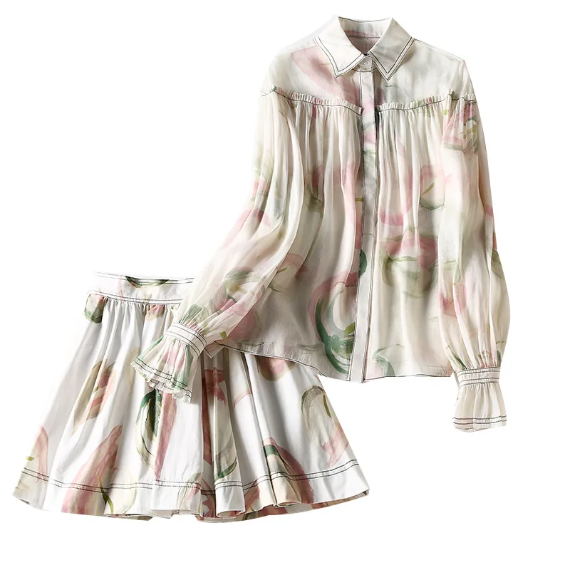 

Spring 2021 shirt vintage print dress set wrap hip skin tone temperament commuter long-sleeved French women's suit women