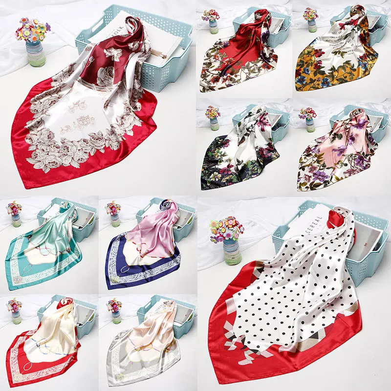 

Nice-looking Colorful Floral Print Kerchief Shawl Women New Arrival Fashion Hair Scarf Headwraps Female Silk Satin Scarf