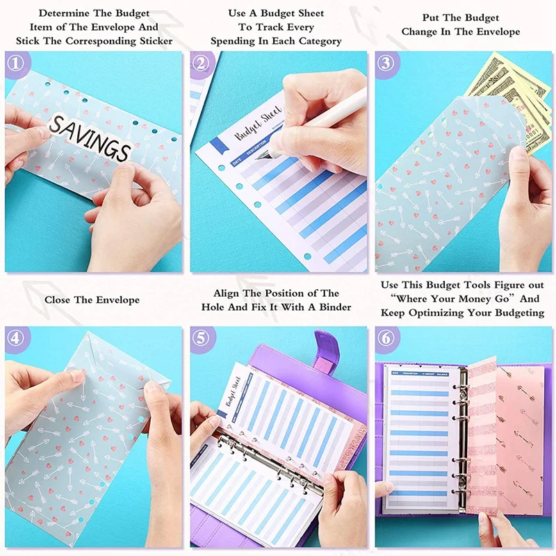 

A6 PU Leather Notebook Binder 12 Piece Budget Envelopes Cash Planner Organizer 12 Pieces 6 Holes Expense Budget Sheets