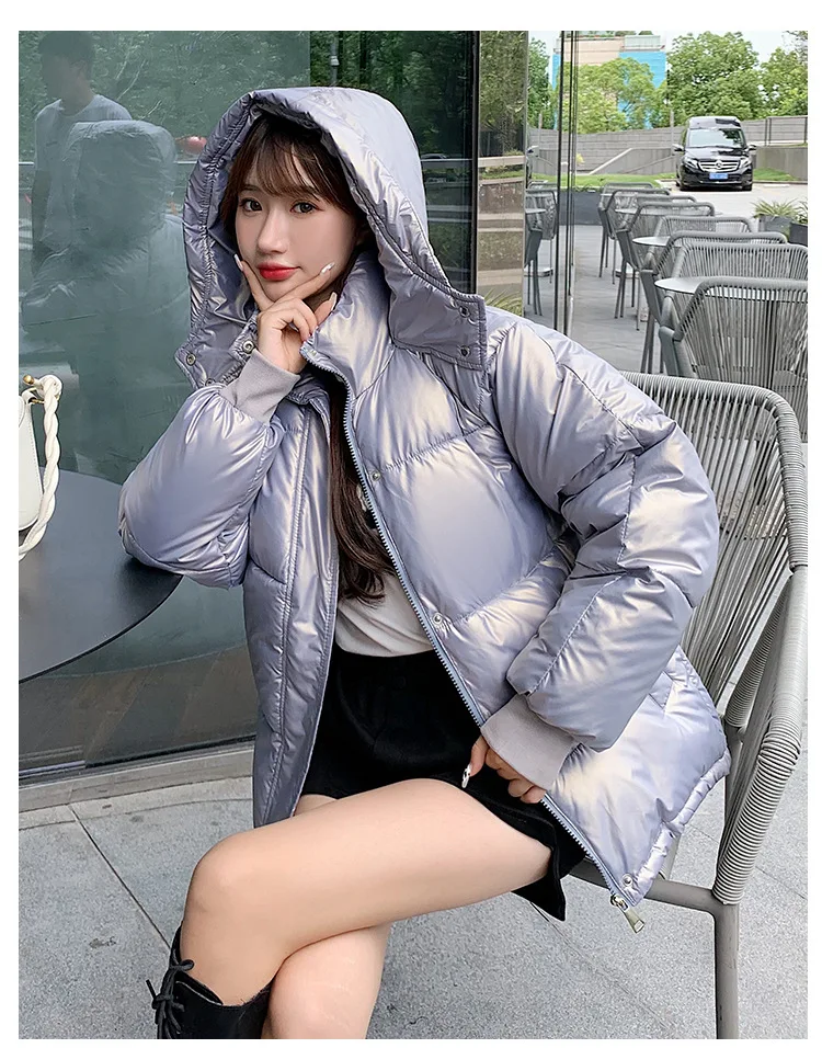 2021 purple cotton-padded jacket women's new fashion casual hooded thick loose bread winter cotton short coat