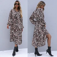 linchen 2021 new elegant long leopard dress women casual butterfly sleeve high waist v neck autumn winter slim dress for women